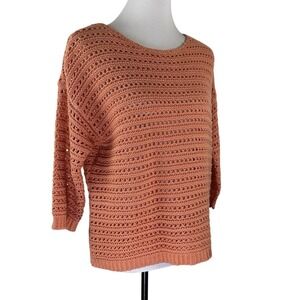 Coldwater Creek Sweater Crochet Knit Pullover 3/4 Sleeve Orange Casual Petite M